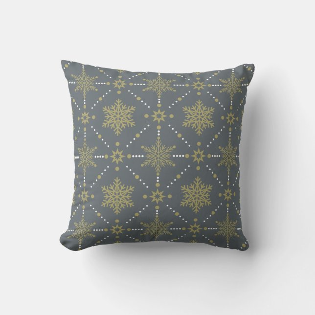 Coussin Motif de Noël Gris et Gold Snowflakes (Recto)