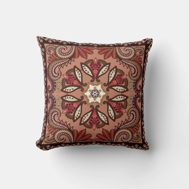 Coussin Motif de Paisley de Bourgogne et de brun (Recto)
