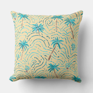 Coussin Motif de palmiers tropicaux, jaune doux, turquoise