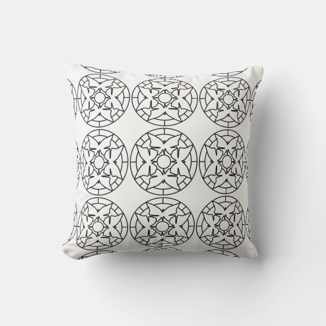 Coussin Motif de papillons Mandala Blanc Noir (Recto)