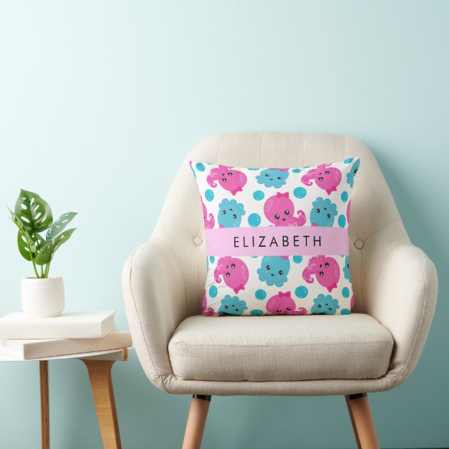 Coussin Motif de pieuvre, Pieuvre mignonne, Mer, Votre Nom (Chaise)