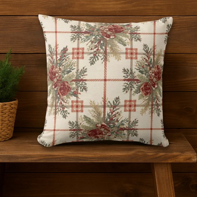 Coussin Motif de Pinecone Rustique Plaid (vintage rustic holiday throw pillow)