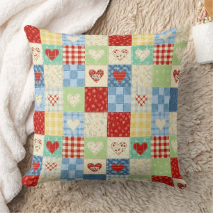 Coussin Motif de pique-nique Cœurs Patchwork Rustique (1)