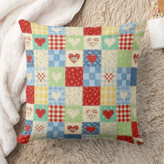 Coussin Motif de pique-nique Cœurs Patchwork Rustique (1) (Couverture)