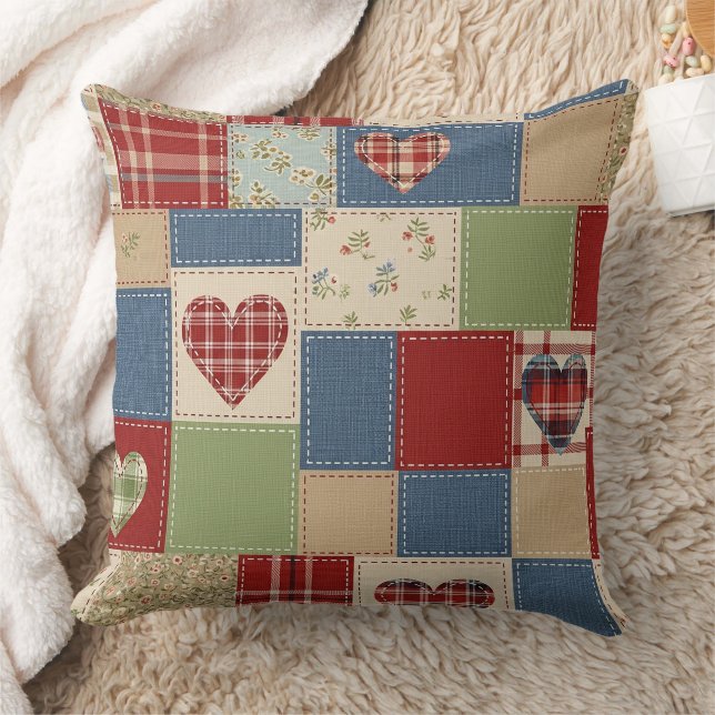 Coussin Motif de pique-nique Cœurs Patchwork Rustique (4) (Couverture)