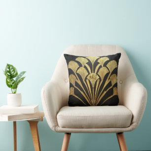 Coussin Motif de plante hiéroglyphique noir et or Art Déco