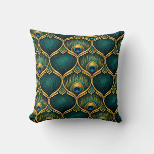 Coussin Motif de plume de paon orné d'émeraude et d'or