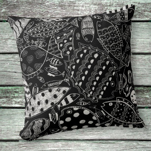 Coussin Motif de poisson noir et blanc Art moderne