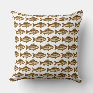 Coussin Motif de poisson - noix et jaune pâle sur blanc