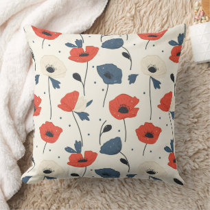 Coussin Motif de Poppies d'aquarelle - Rouge, Bleu et Blan