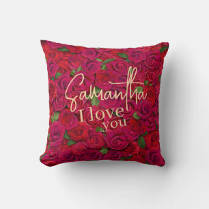 Coussin Motif de rose rouge profond Je t'aime avec nom per