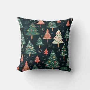 Coussin Motif de sapin de Noël vert et corail festif