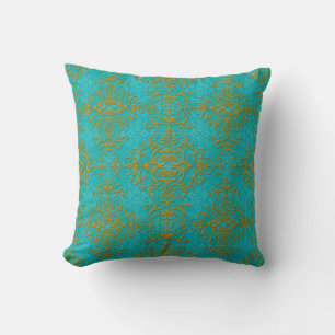 Coussin Motif de style damas or et turquoise