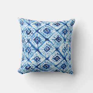 Coussin Motif de teinture à carreaux blanc et bleu