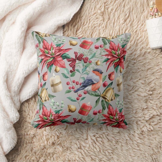 Coussin Motif de vacances aux oiseaux d'hiver de Poinsetti (Couverture)