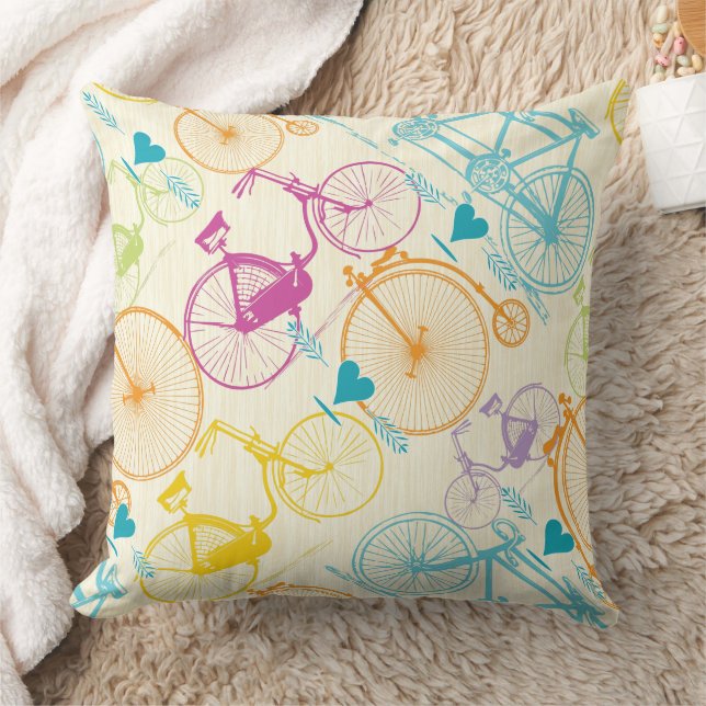 Coussin Motif de vélo jaune bleu rose rétro (Couverture)