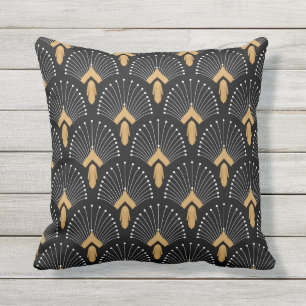 Coussin Motif de ventilateur Art déco noir, or et blanc