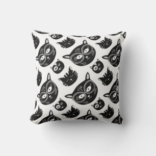 Coussin Motif de visage de chat noir avec des lunettes fun
