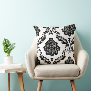 Coussin Motif décalé damassé Rococo noir sur blanc
