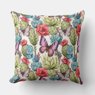 Coussin Motif d'été lumineux avec papillons et cactus