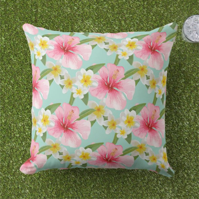 Coussin Motif d'Hibiscus rose Aqua Tropical (Herbe)