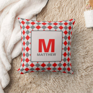 Coussin Motif diamant des garçons rouges et gris Monogramm