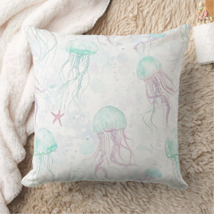 Coussin Motif d'océan à l'aquarelle de méduses rêveur