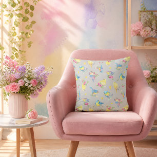 Coussin Motif d'oiseaux et de fleurs à l'aquarelle dessiné