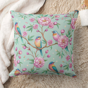 Coussin Motif d'oiseaux floraux sur fond menthe