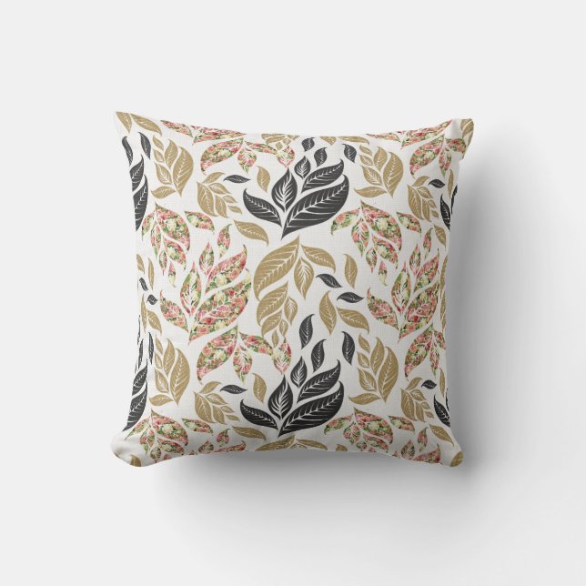 Coussin motif doré, beige, noir et rose (Recto)
