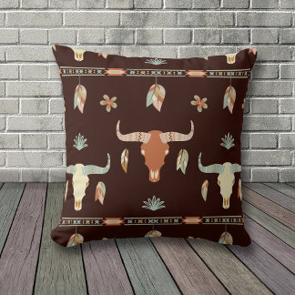 Coussin Motif du crâne et des plumes de vache Boho