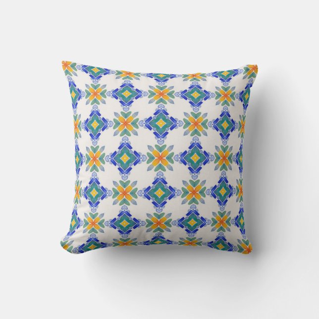 Coussin Motif en mosaïque blanche orange bleu vert (Recto)