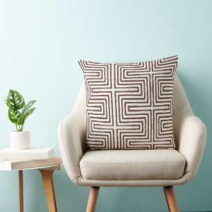 Coussin motif en tissu de boue tribal blanc brun