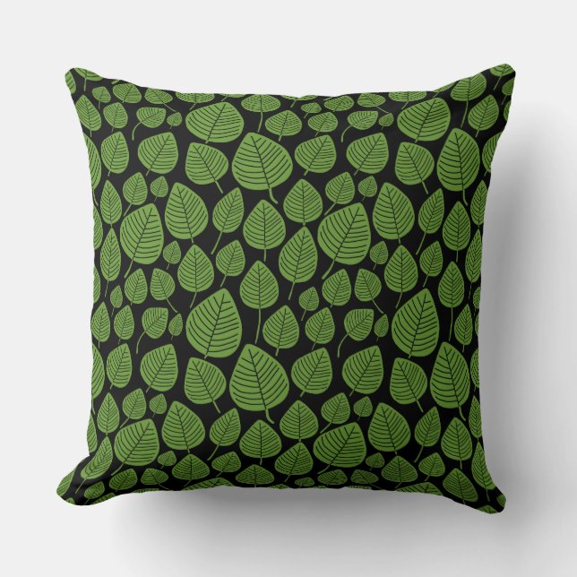 Coussin Motif feuille 02 - Avocado vert sur noir (Recto)