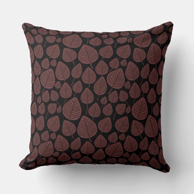 Coussin Motif feuille 02 - Brown foncé sur noir (Recto)