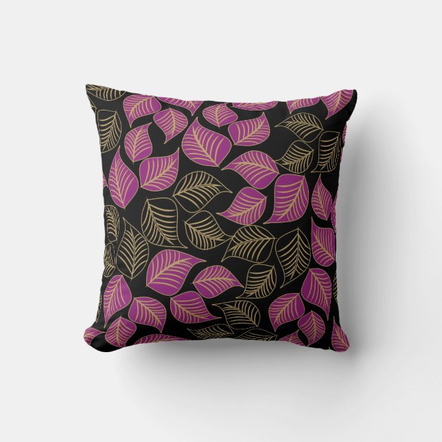 Coussin Motif feuille large en or violet sur noir (Recto)