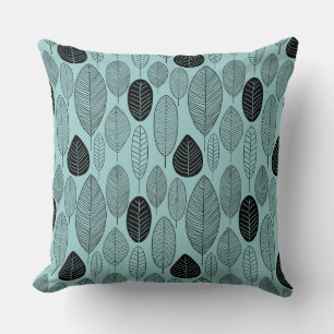 Coussin Motif feuille - noir sur bleu clair vert