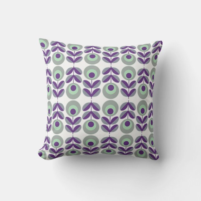 Coussin Motif Fleur Rétro En Violet Et Vert Menthe. (Recto)