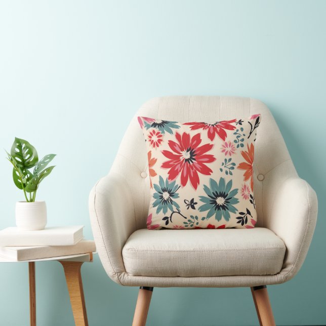 Coussin Motif Fleur Rétro Rouge Orange Bleu (Chaise)