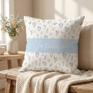 Coussin Motif Fleur Sauvage Nom Monogramme Personnalisé Bl
