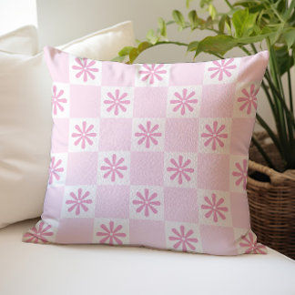 Coussin Motif Floral à Carreaux Rose Rétro