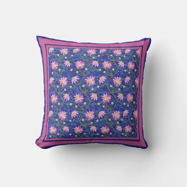 Coussin Motif floral anémone rose sur bleu (Recto)