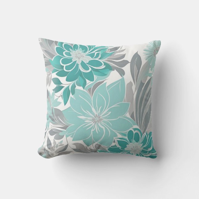 Coussin Motif Floral, Aqua, Turquoise, Turquoise et Gris (Recto)