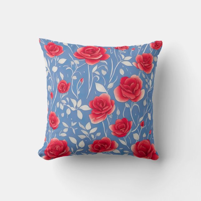 Coussin Motif floral bleu et rouge chic (Recto)
