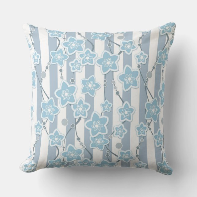 Coussin motif floral bleu sur arrière - plan rayé bleu (Recto)