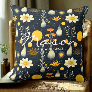 Coussin Motif floral botanique élégant en jaune marine