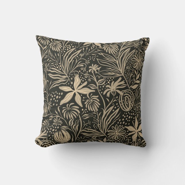 Coussin Motif floral brillant en or sur noir  (Recto)