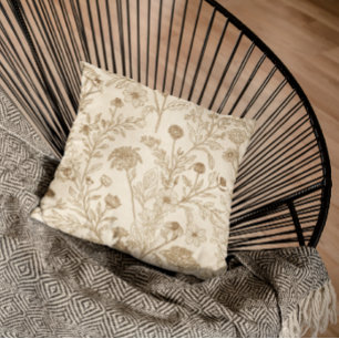Coussin Motif floral d'art en ligne botanique sépia antiqu