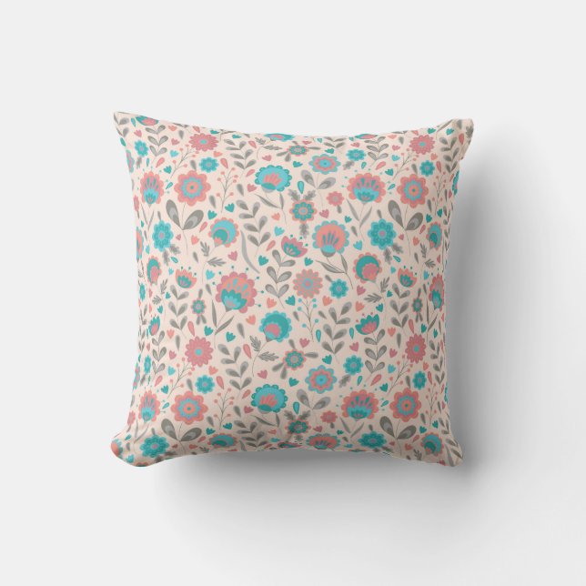 Coussin Motif floral d'art populaire turquoise et de (Recto)