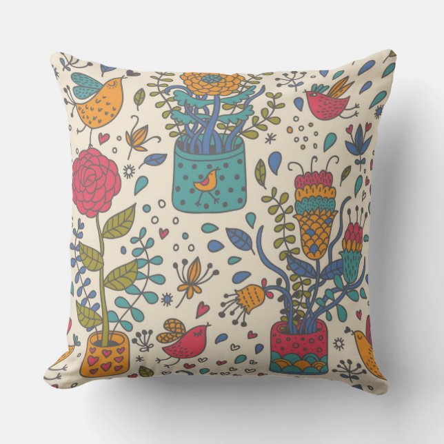 Coussin Motif floral de bande dessinée avec les oiseaux 2 (Recto)